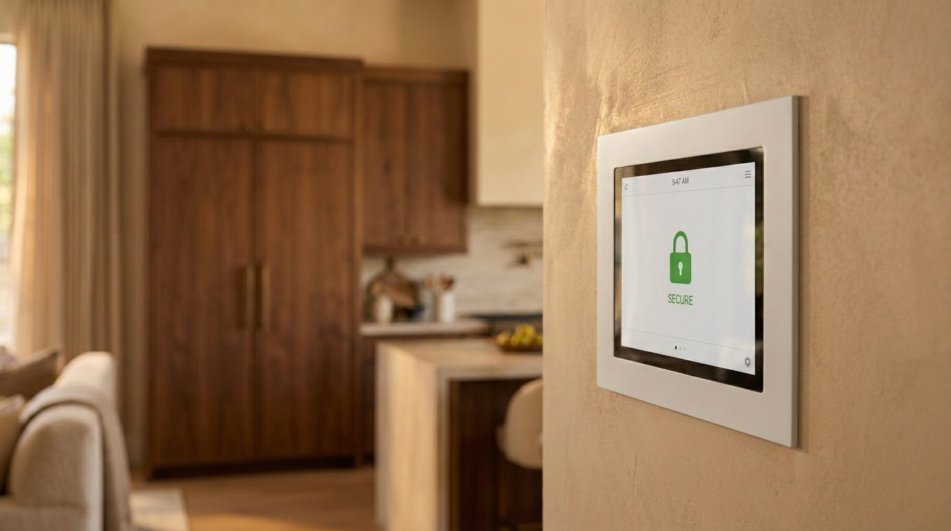 White-framed alarm touchscreen panel mounted on a plaster wall, walnut kitchen millwork blurred beyond