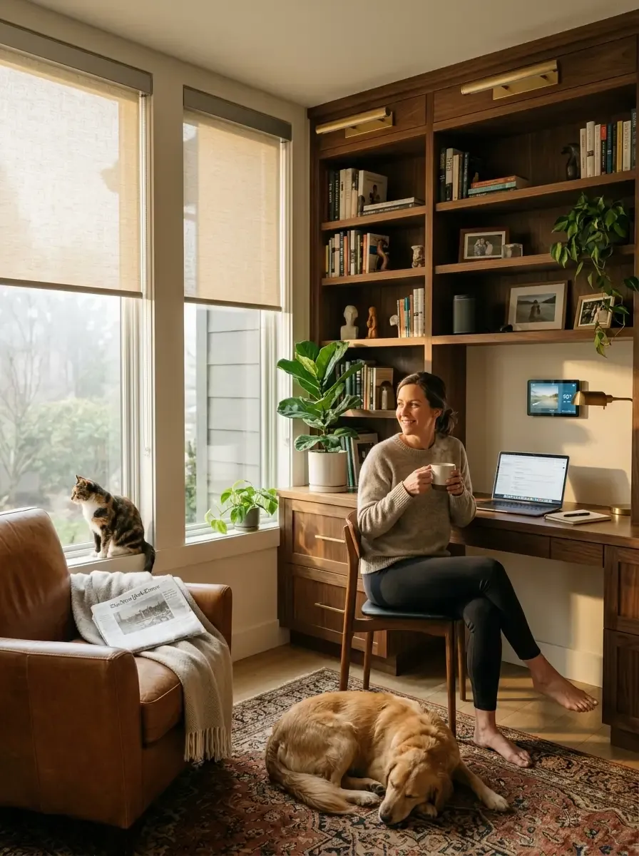Soft golden morning — motorized shades partly raised, a person with coffee at a walnut desk