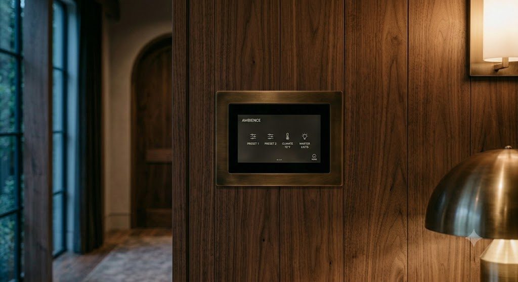 Brass-framed touchscreen set into walnut paneling