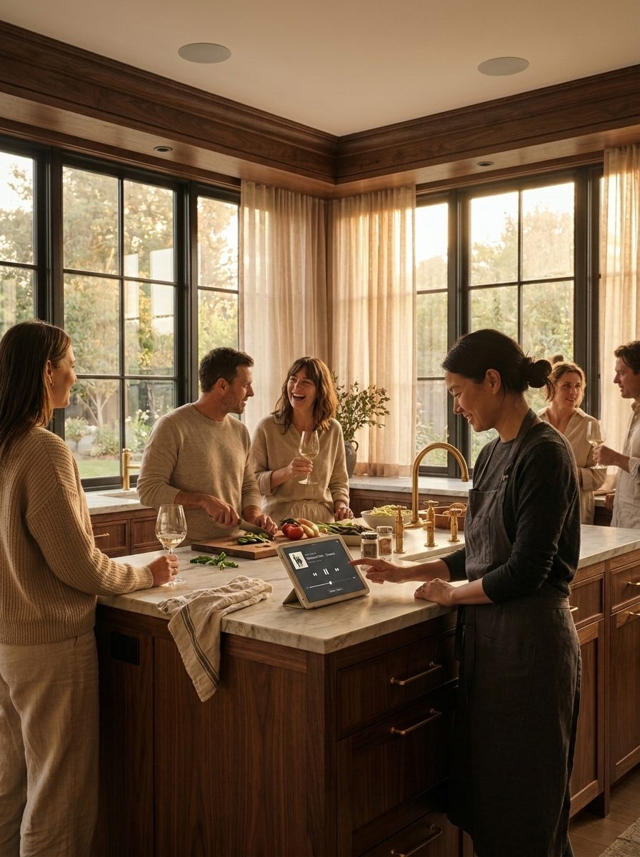 Friends gathered in the kitchen at golden hour, music playing