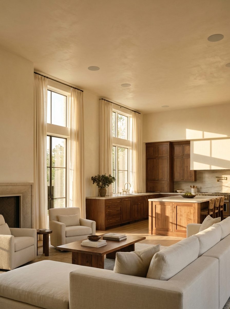 Open great room with clean walls and discreet in-ceiling audio