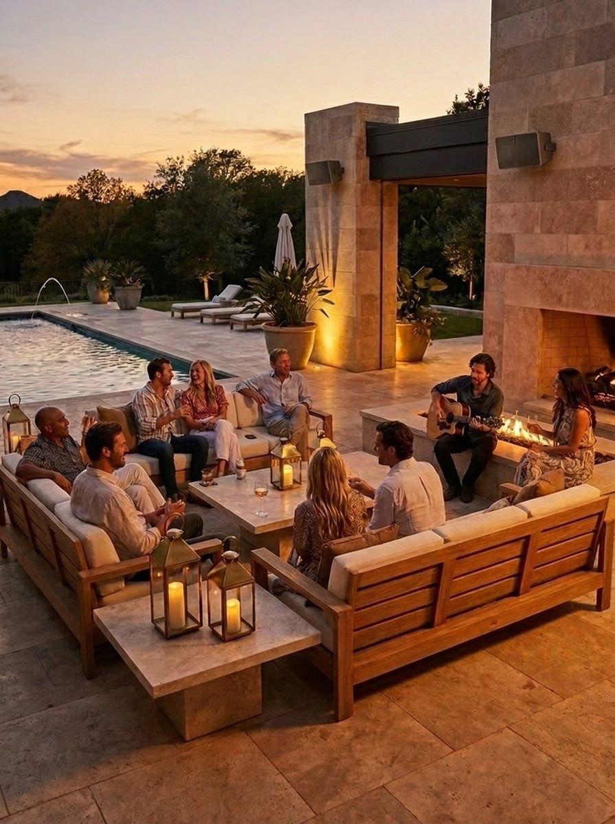 Friends gathered by the pool and fire at dusk, outdoor speakers above