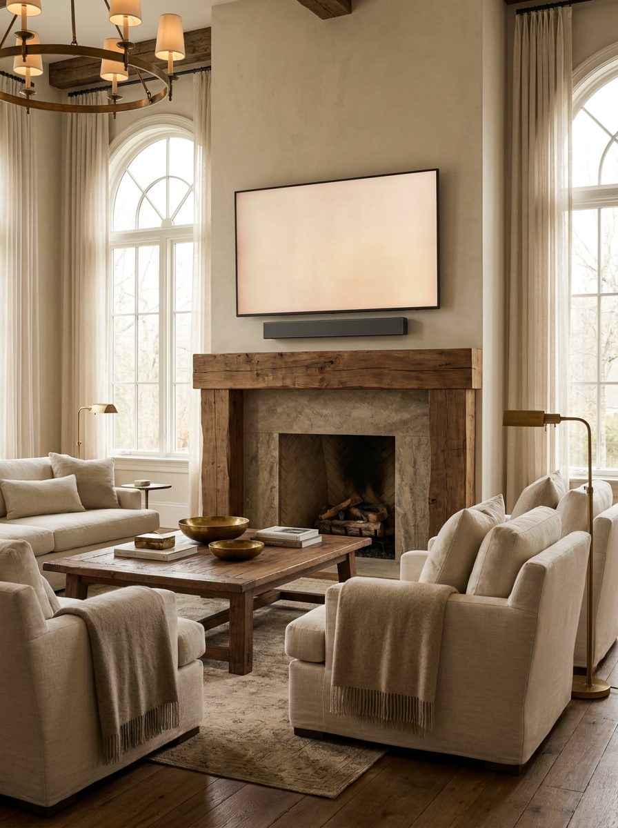 Living room with a single screen and slim soundbar over a stone fireplace