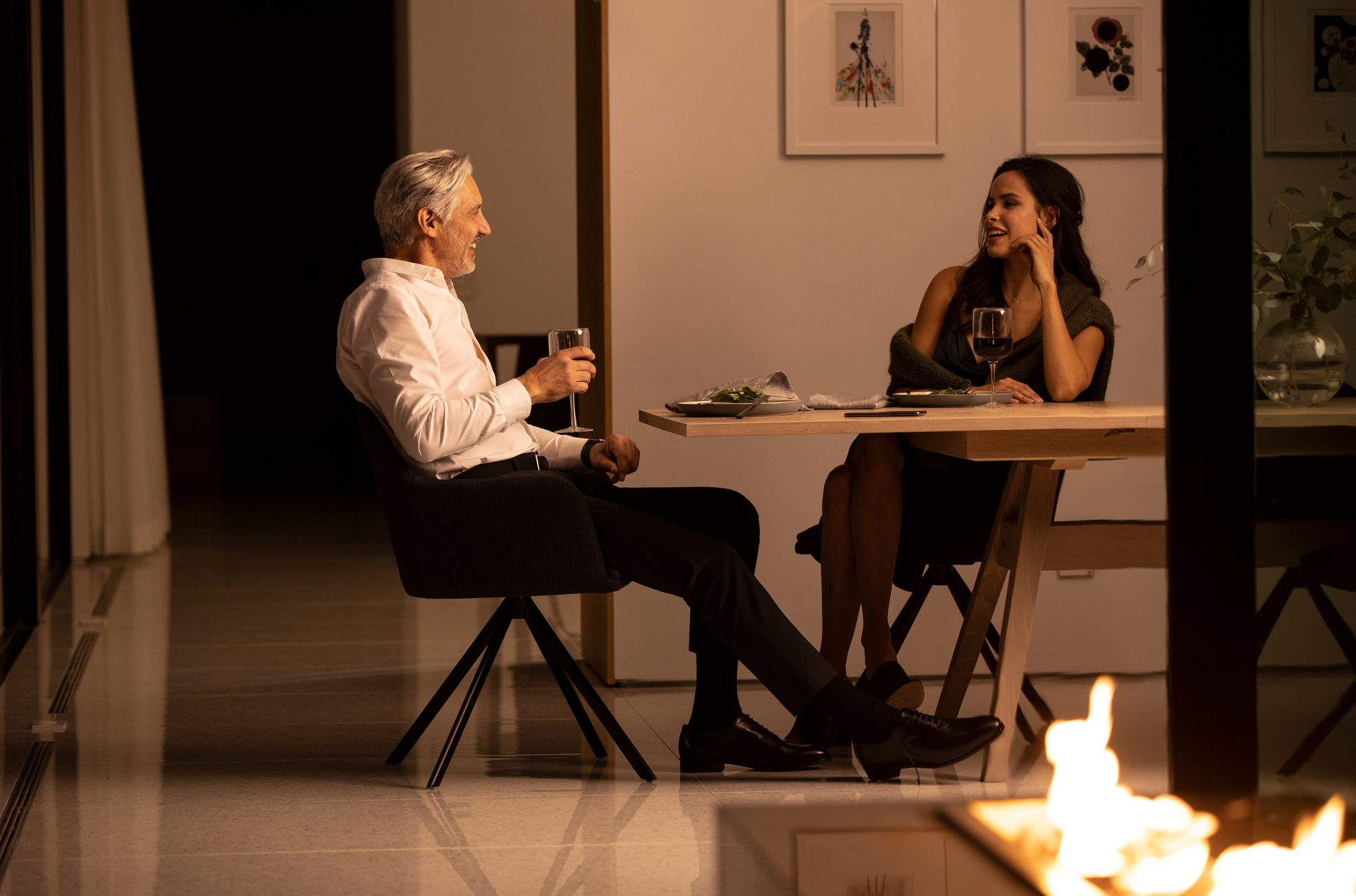 Dining room at night, lit low