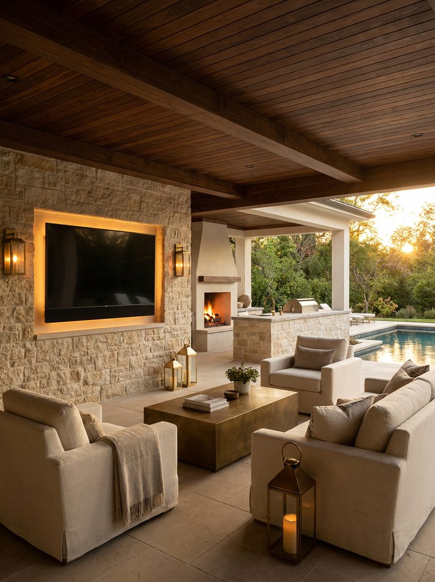 Covered outdoor lounge with screen at dusk, pool beyond