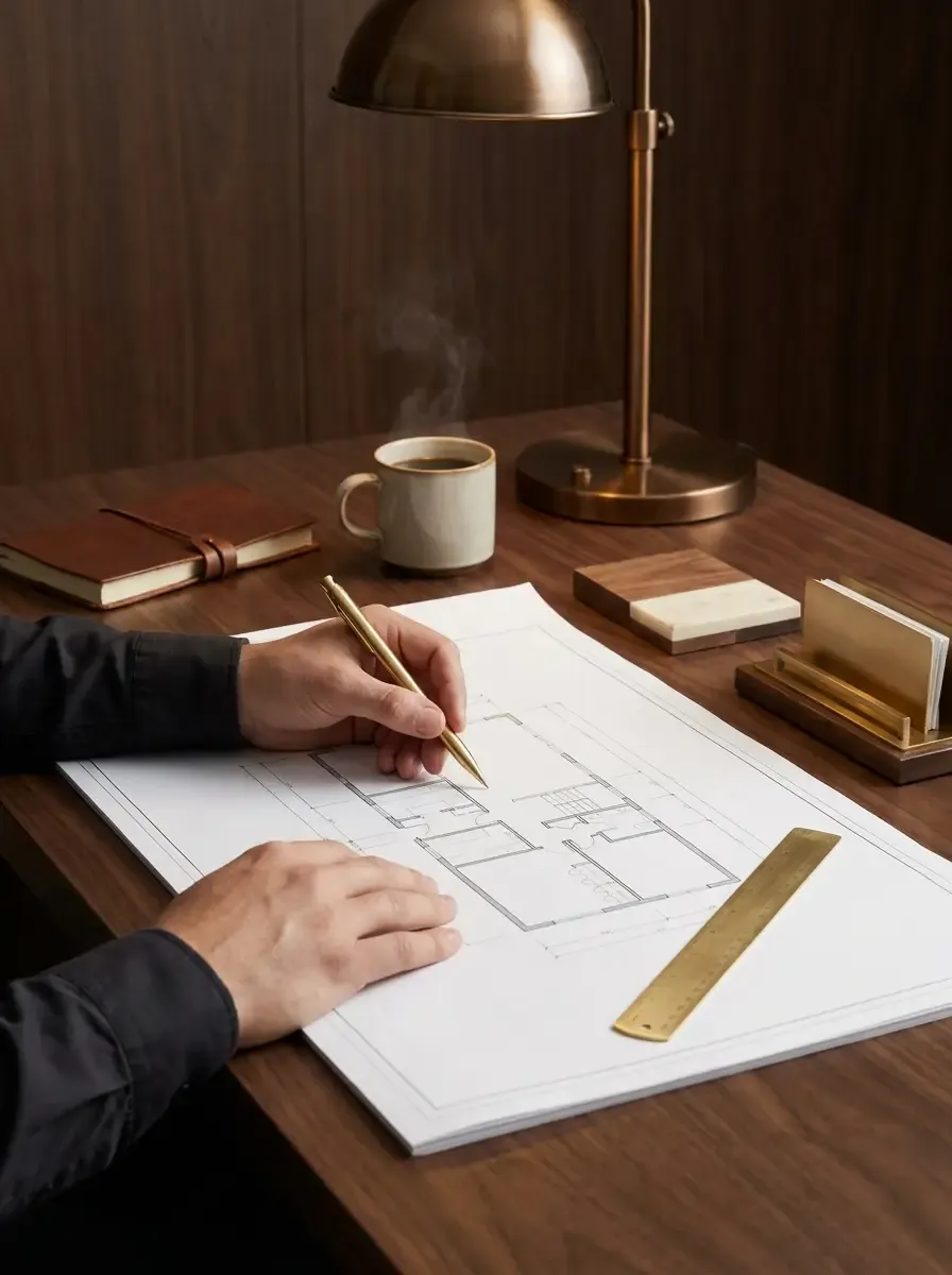 Hands over a floor plan on a walnut desk — brass pen, brass ruler, brass desk lamp