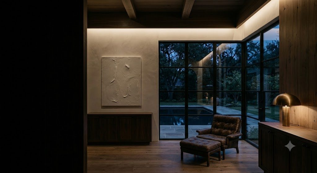 A quiet interior at dusk, warm lamplight and a wall of glass