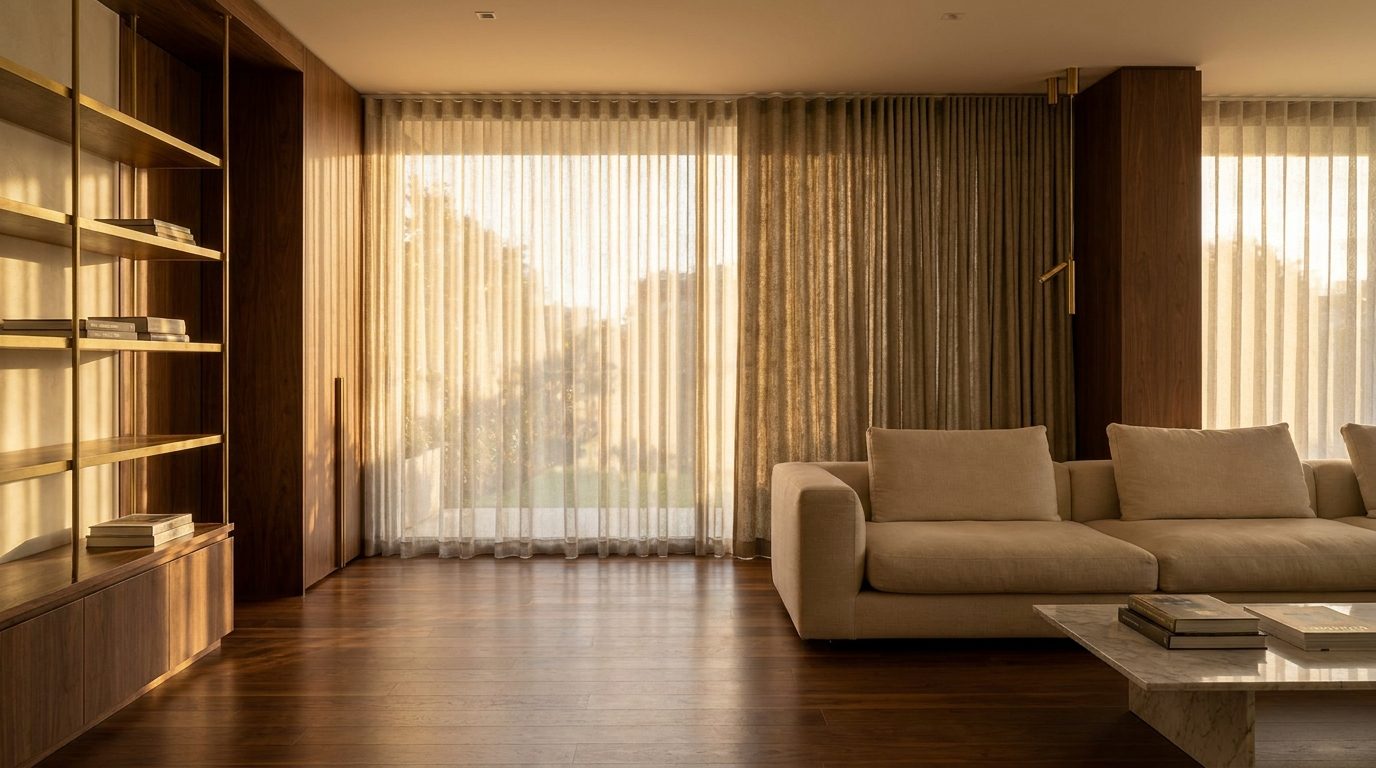 Floor-to-ceiling motorized drapery half-drawn in a warm walnut living room at golden hour