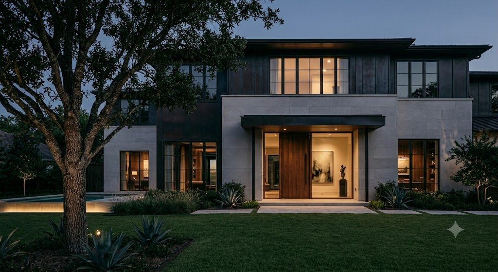 A modern luxury home at dusk — warm-lit walnut entry, stone facade, glass glowing