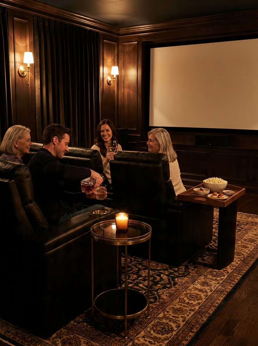A couple pouring a drink in the dim theater before the film, screen dark and ready