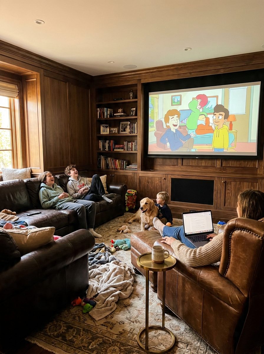 A family using the theater casually on a Saturday afternoon, cartoons on the screen