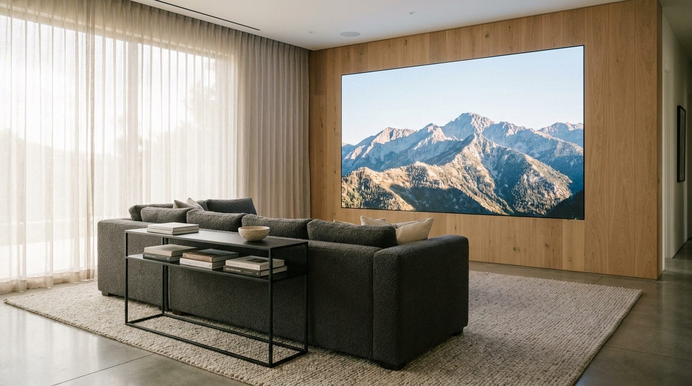 Seamless LED video wall set into a washed-oak wall, black and grey seating in the foreground
