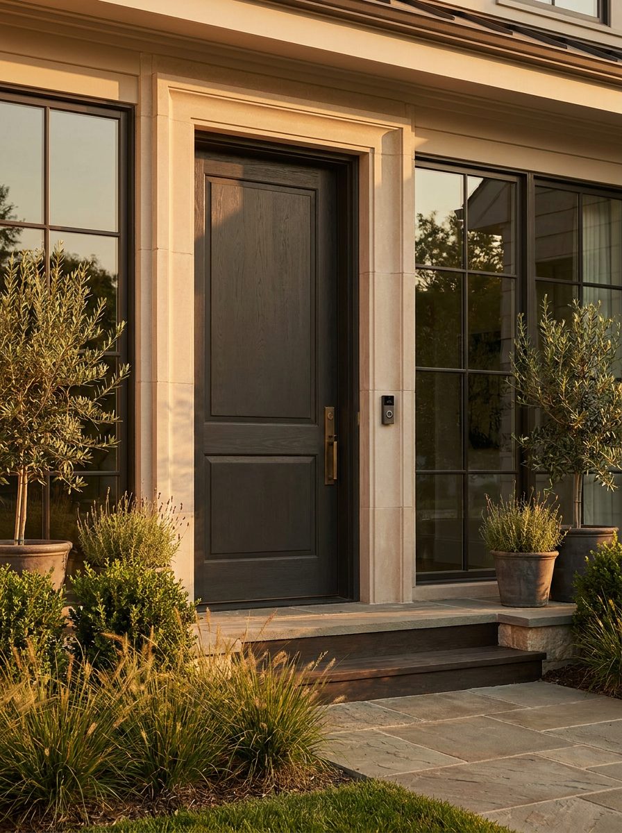 Front entry at golden hour with an integrated doorbell camera