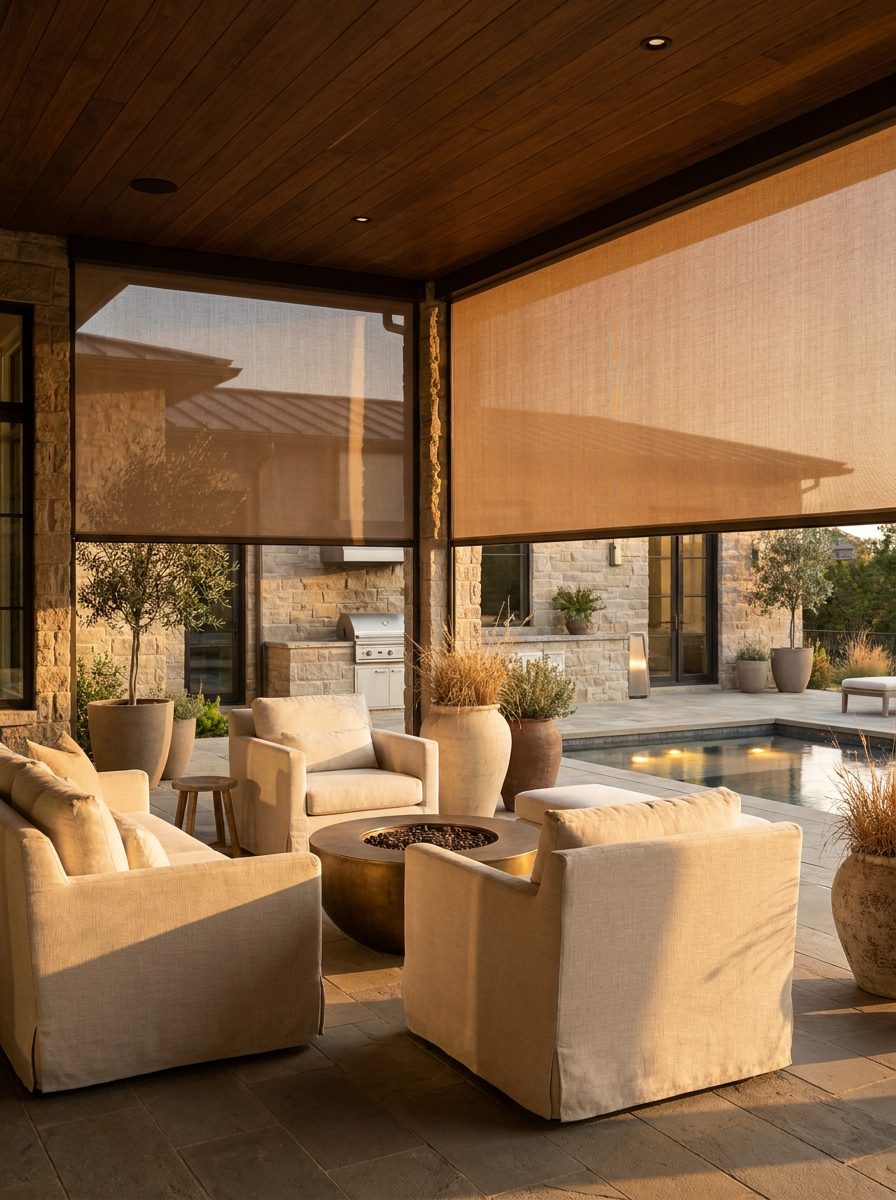 Covered deck at golden hour, motorized shade overhead