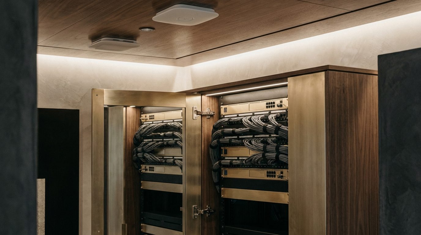 Brass-and-walnut equipment cabinet with enterprise wireless access point and managed switches