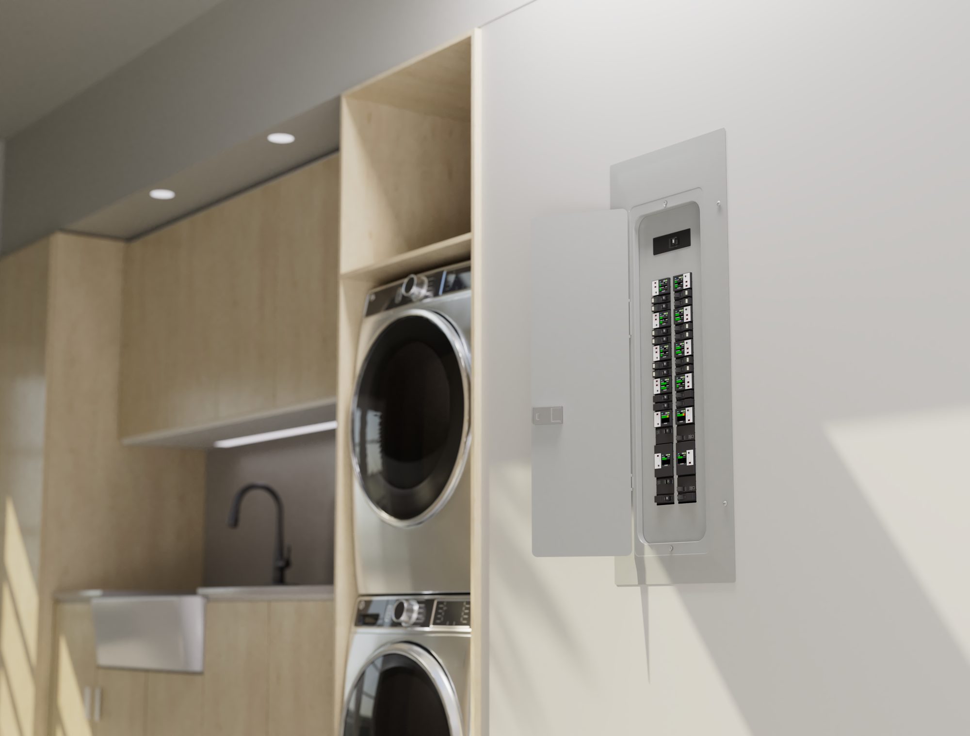 Integrated power panel set cleanly into utility cabinetry