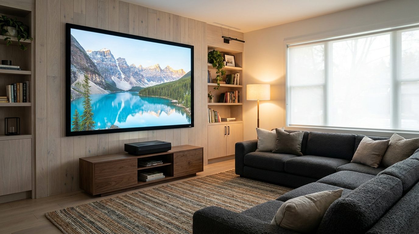 Laser projector on a walnut media console below a screen mounted flat on a washed-oak wall, cozy family room beyond