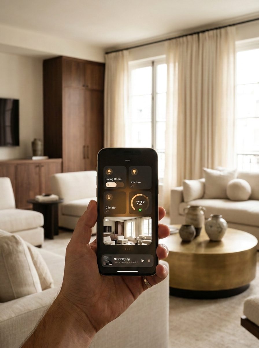 A phone app controlling a warm living room