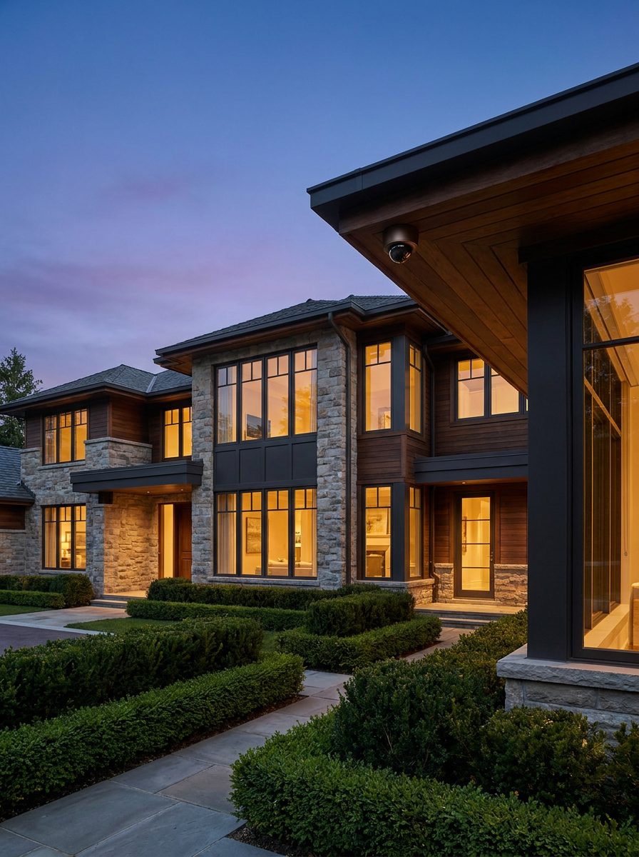 Home exterior at dusk with an integrated dome surveillance camera