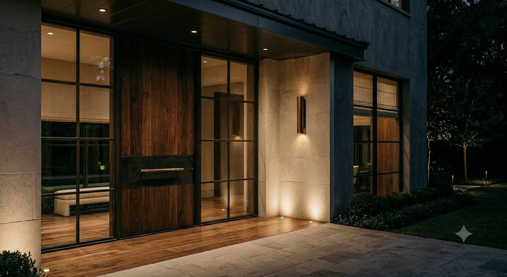 Uplit entry at dusk, walnut door