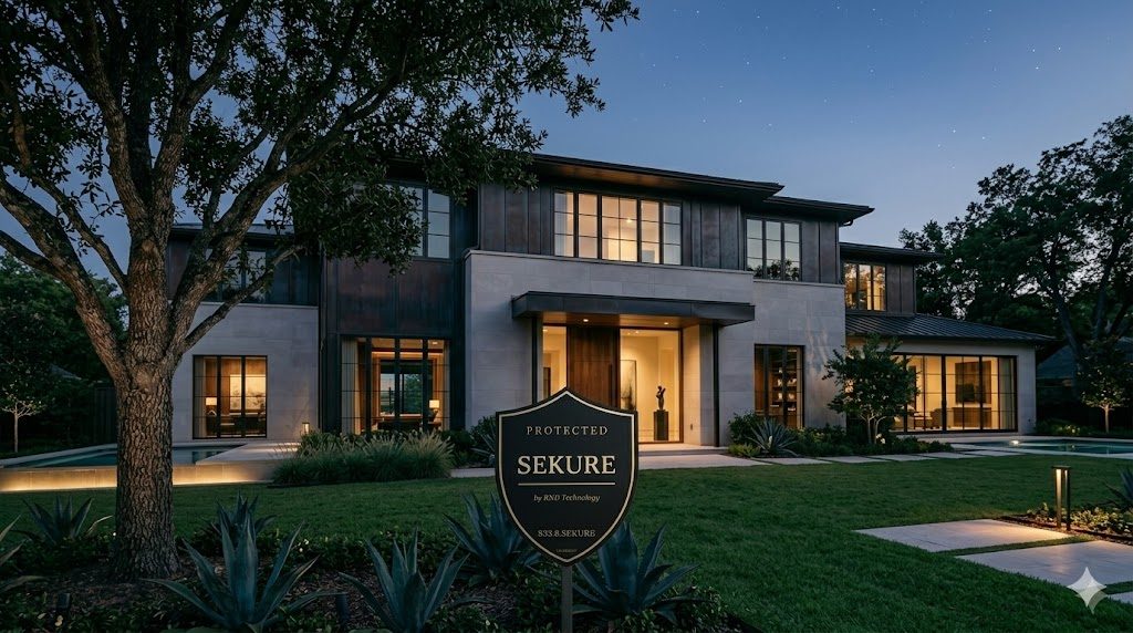 Sekure by RND Technology sign staged at a luxury home's entry at dusk