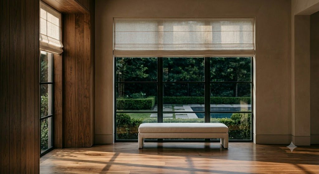 Room with motorized sheer shade and afternoon light