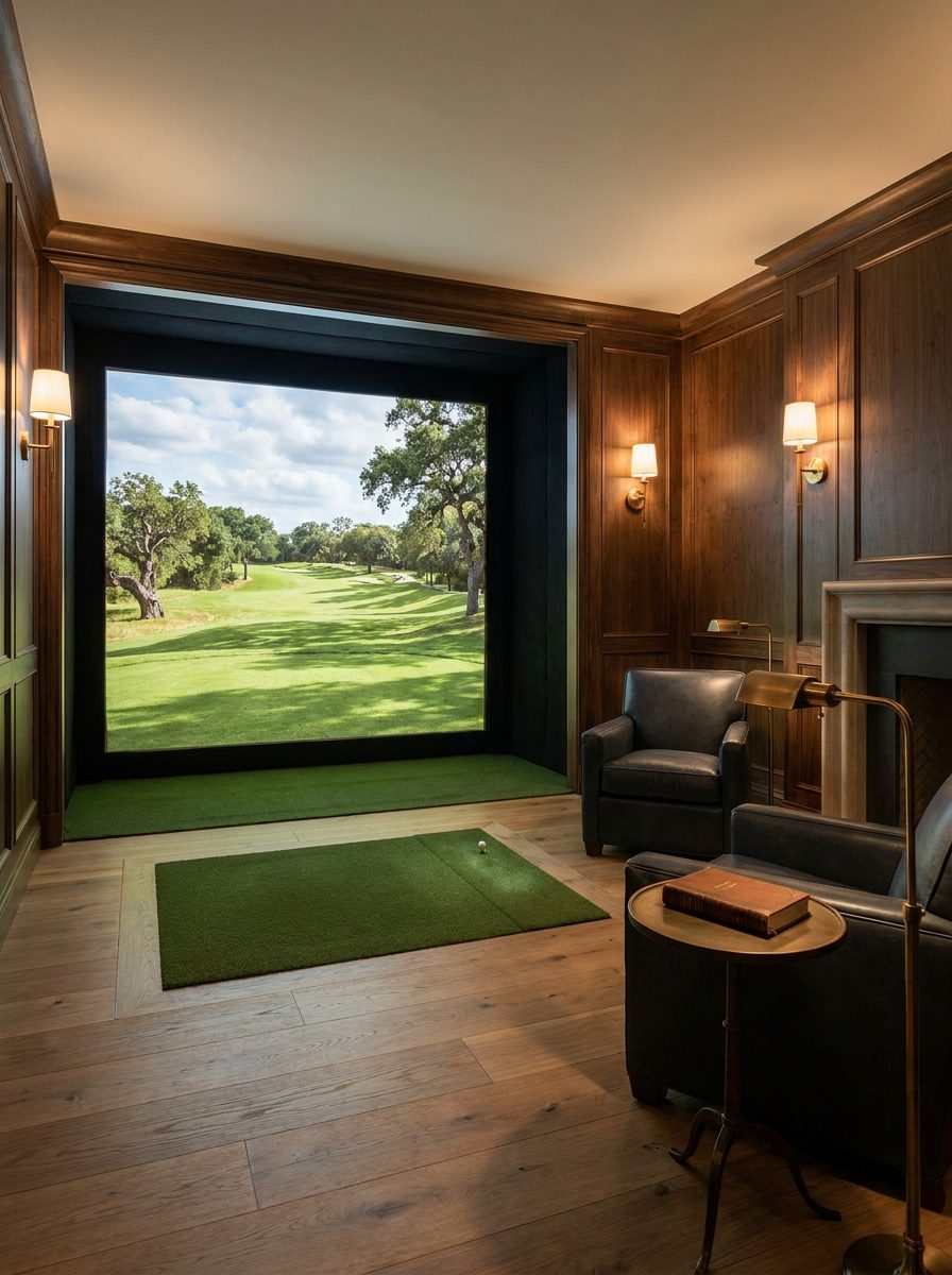 Walnut-paneled golf simulator room with leather club chairs