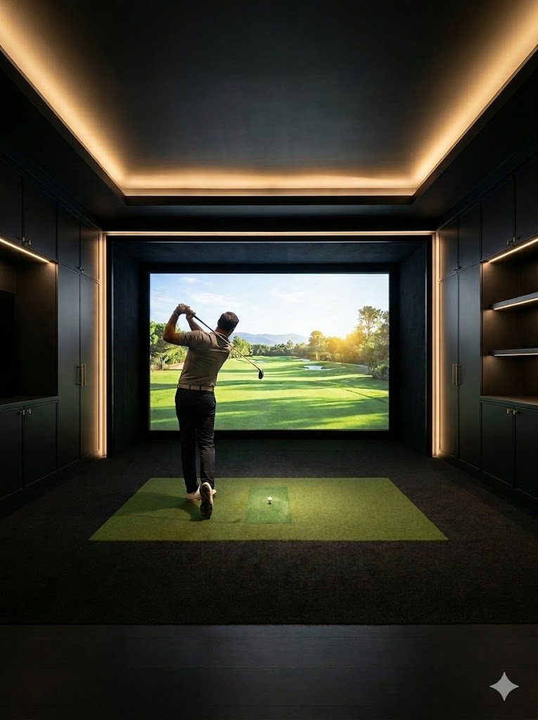 A golfer mid-swing in a warmly lit simulator room, sunlit course on screen