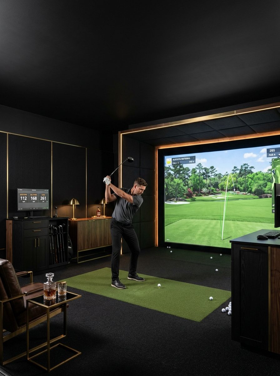 A golfer mid-swing in a warm walnut simulator room, Augusta National on screen with launch data