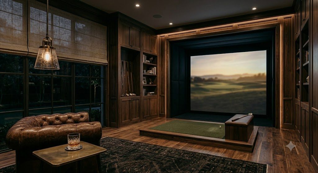 Golf simulator built into a walnut room