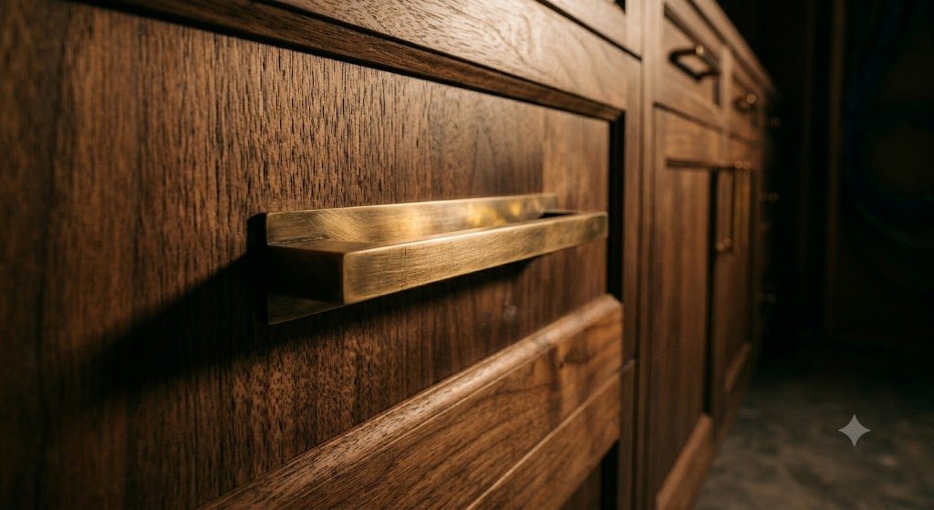 Brushed brass pull on walnut