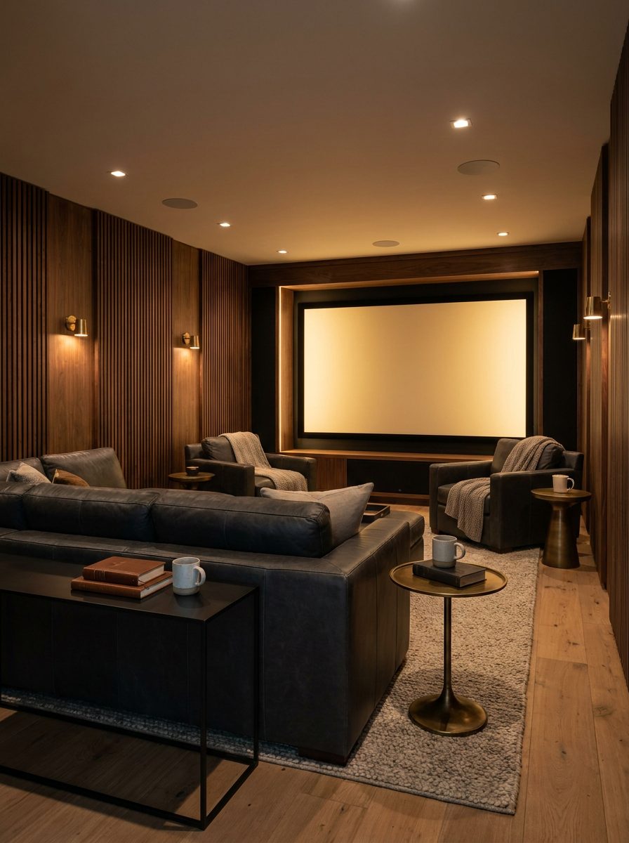 Intimate media lounge in walnut, lit low