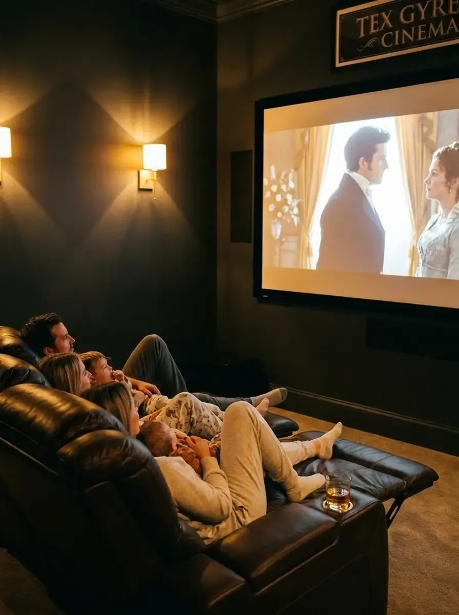 A family gathered on theater recliners watching a film