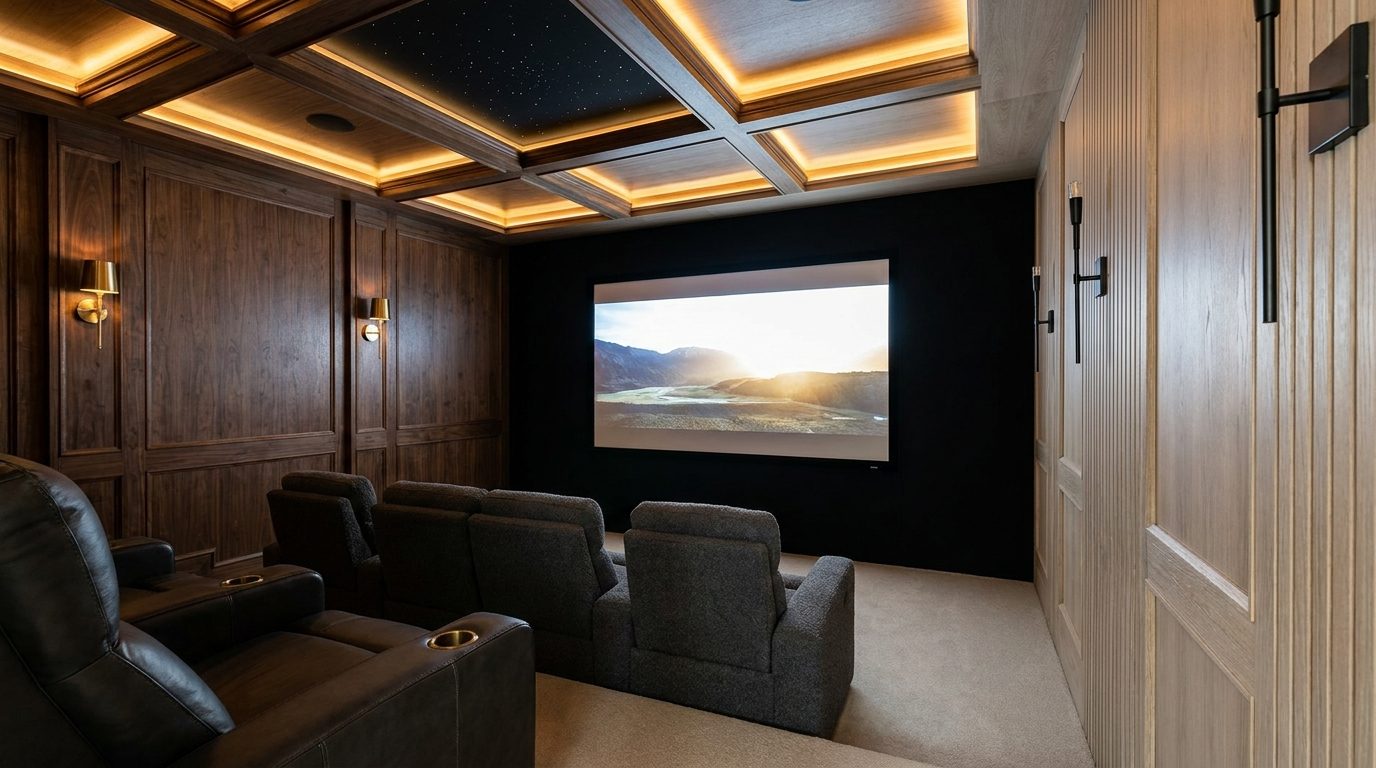Home theater where dark walnut paneling meets a washed-oak accent wall, bridging classic and modern