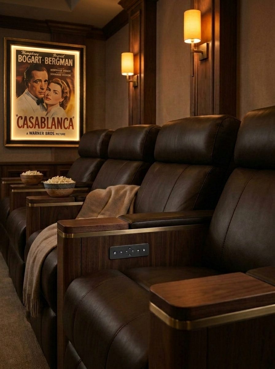 Leather recliners, walnut and brass, a framed film poster lit by warm sconces