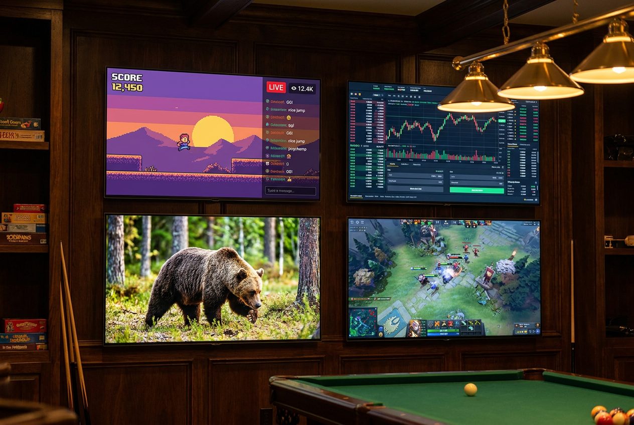 A 2x2 video wall above a pool table, each screen showing a different feed